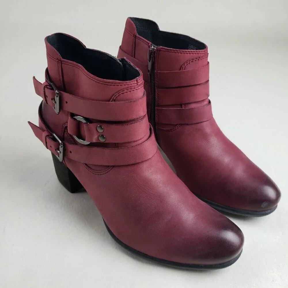 Josef Seibel Britney Moto Boot Womens 8-8.5 39 Red Leather Side Zip Heeled Ankle